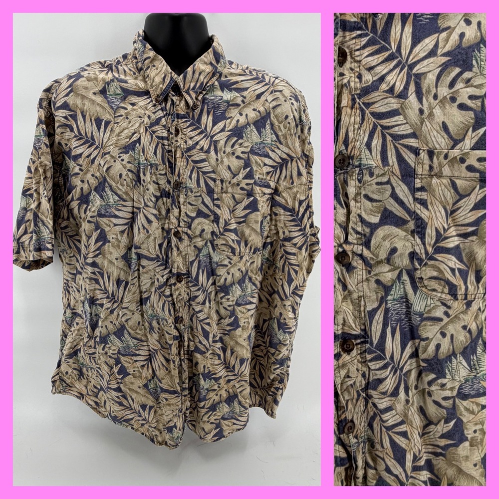 Woolrich Mens 2XL Tropical Monstera Leaf Shirt Cotton Button‎ Up Tan Hawaiian